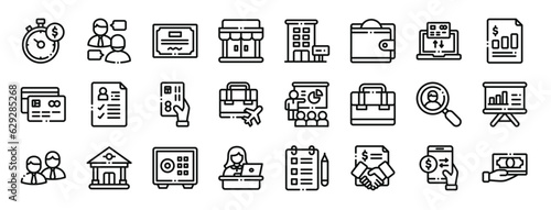 set of 24 outline web business icons such as time, discuss, certificate, store, office, wallet, laptop vector icons for report, presentation, diagram, web design, mobile app