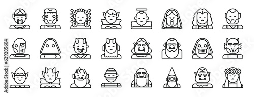 set of 24 outline web fantastic characters icons such as genie, monster, gorgon, fairy, angel, banshee, vampire vector icons for report, presentation, diagram, web design, mobile app