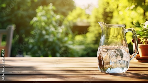 A pitcher of water on a wooden table in a garden.