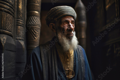 Portrait of old bearded vizier inside ancient Egyptian temple tomb (Generative AI)
