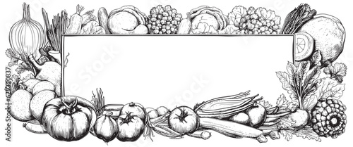 Vegetables top view frame. Farmers market menu design. Organic food poster. Vintage hand drawn sketch vector illustration. Linear graphic.