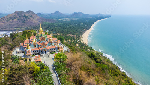 high angle shot Aerial view of Wat Tang Sai Buddhist Temple Temple located on the top of the mountain in Thailand