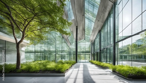 Eco-Friendly Glass Office: Sustainable Building with Trees and Green Environment