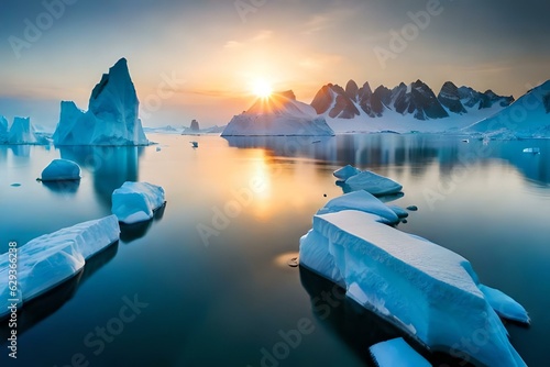 The devastating impact of global warming portrayed through an Arctic landscape, polar ice caps melting, vast blue ocean with icebergs floating