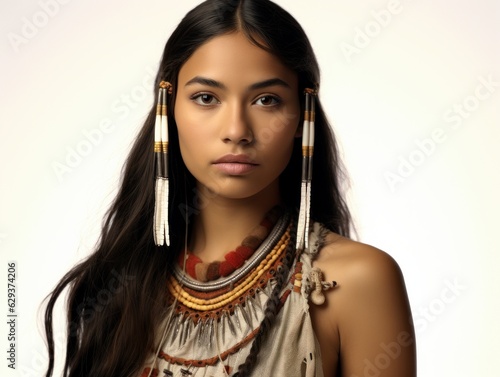 beautiful indigenous native north american model woman from Cherokee tribe with makeup and jewelry and feathers in the long hair. isolated on white studio background. professional model. Generative AI