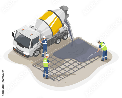 Concrete truck isometric yellow white cement delivery worker working on floor construction worksite isolated cartoon illustration vector
