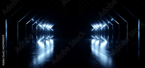 Modern Sci Fi Futuristic Cyber Dark White Blue Laser Neon Beam Lights Glowing On Cement Asphalt Glossy Concrete Tunnel Corridor Showroom 3D Rendering