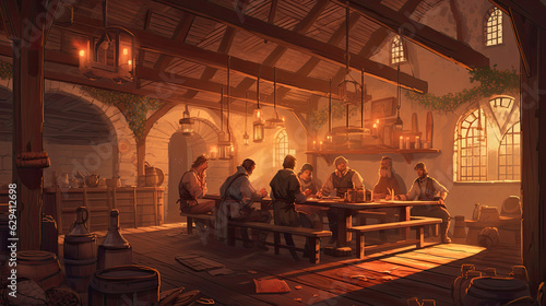 Medieval tavern at sunset - Illustration featuring generative AI