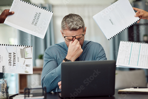 Business man, stress and overwhelmed with headache, documents and staff hands in busy office. CEO, manager or tired boss with laptop, paperwork and burnout with employee group at marketing agency