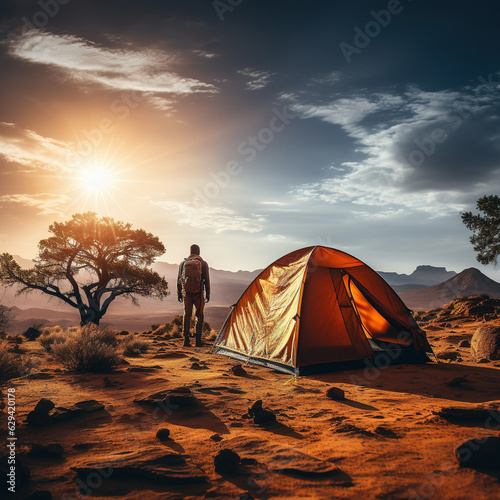 Camping tent and camper person with beautiful landscape scenery. Created with generative AI technology.