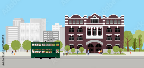 Hong Kong street view, graphical illustration, hong kong, tram, old building