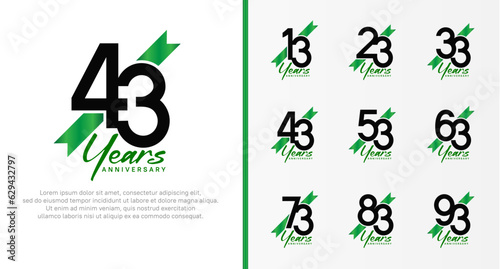 set of anniversary logo black color number and green ribbon on white background for celebration
