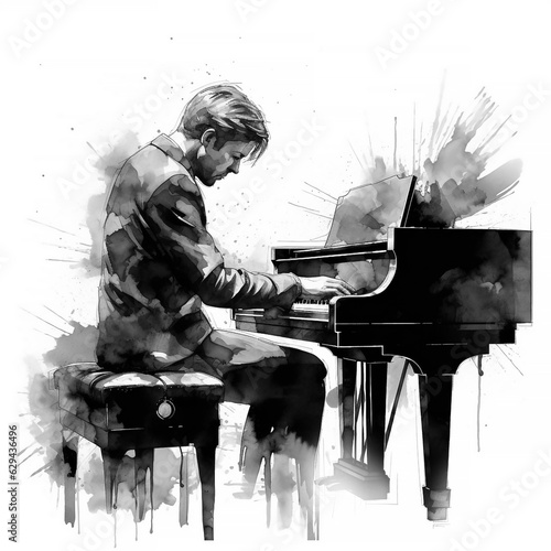 Pianist man in black tailcoat watercolor illustration. Expressive romantic pianist man plays piano isolated on white