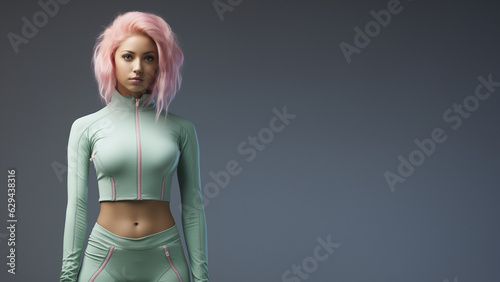 Androgynie Model weiblich mit pinken Haaren und enganliegenden pastell Farbenen Sportoutfit Porträt, ai generativ