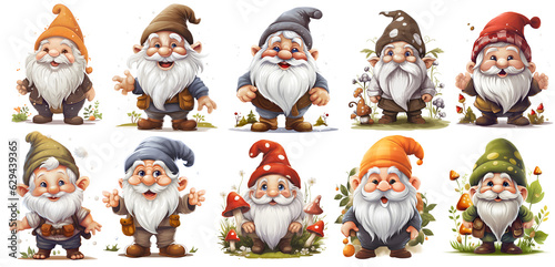 Sticker set of cute gnome with transparent background, png, generated ai