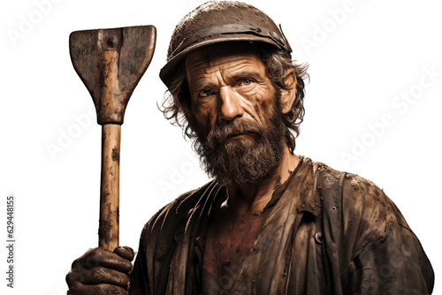 Half Body View of a Miner Holding a Mattock on Transparent Background. AI