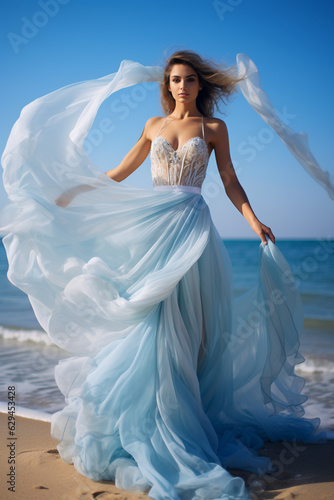 Sposa vestita con abito azzurro in spiaggia