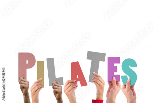 Digital png illustration of hands with pilates text on transparent background