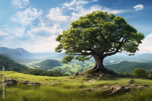 a large tree on top of a hill in a mountainous area. Beautiful landscape. generative ai.