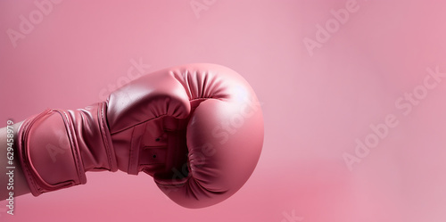 Woman arm and hand is wearing boxing grove and is hooking or fighting with someone or against something, Breast cancer campaign.