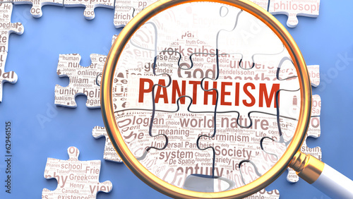 Pantheism being closely examined along with multiple vital concepts and ideas directly related to Pantheism. Many parts of a puzzle forming one, connected whole.,3d illustration