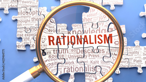 Rationalism being closely examined along with multiple vital concepts and ideas directly related to Rationalism. Many parts of a puzzle forming one, connected whole.,3d illustration