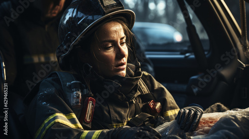 Portrait of wounded firefighter woman in car.