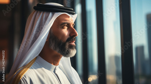 Portrait of middle-aged arabian man in modern arabic city looking at window in skyscraper.