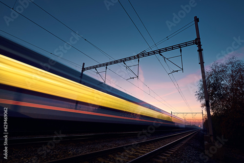 Railway at beautiful dawn. Long exposure of train on railroad track. Moving modern intercity passenger train..