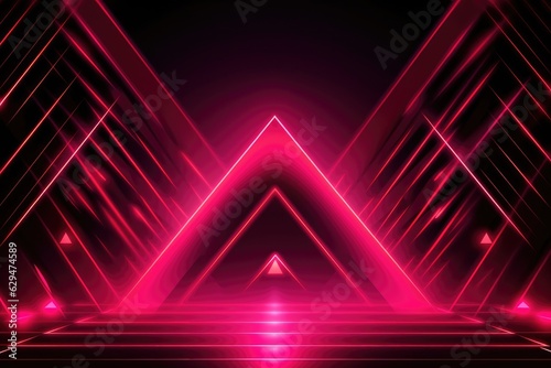 Pink neon abstract background with glowing lines in triangle shape. Laser lighting.