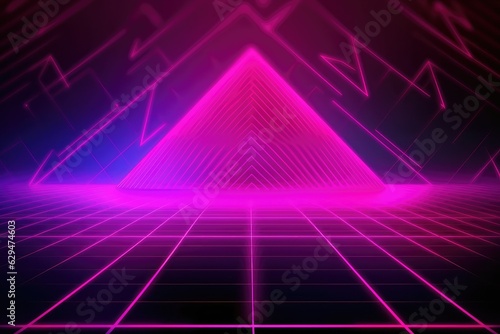 Neon pink triangle, abstract background with glowing lines