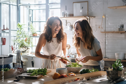 Two happy laughing women cooking together at white modern kitchen at home. Back light. 