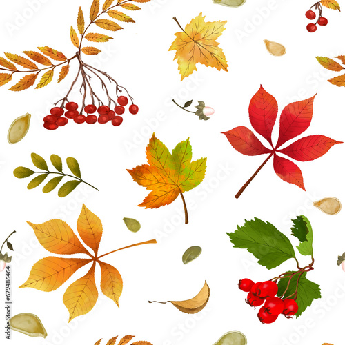 Bright seamless pattern with autumn leaves and fruits of rowan, pumpkin and hawthorn