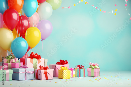 Colorful child birthday card with balloons and gifts, with space for text