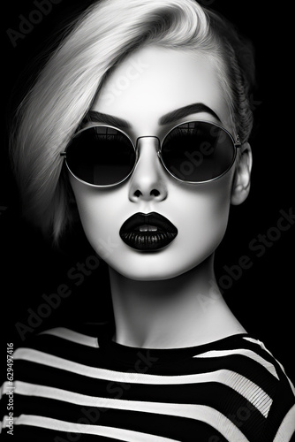 Woman wearing sunglasses and black and white striped shirt with black lip.
