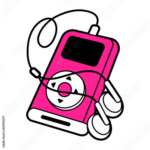 Vector flat retro illustration of 00s pink audio player with headset. Hand drawn sketch