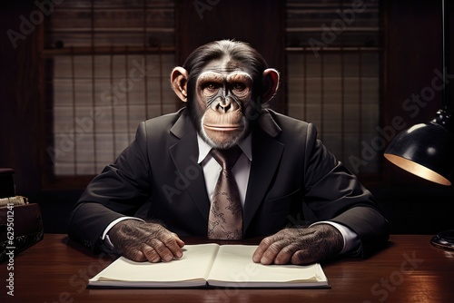 A chimp in a smart suit sits at a desk in an office.