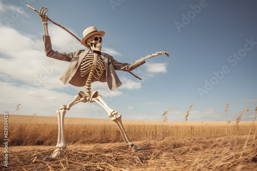 A skeleton dancing with a scythe