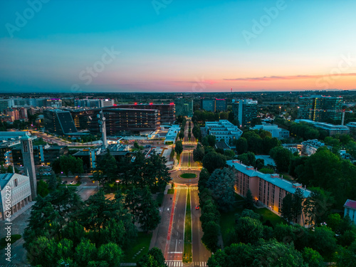 Drone photography at sunset city of San Donato Milanese, Milan, Italy