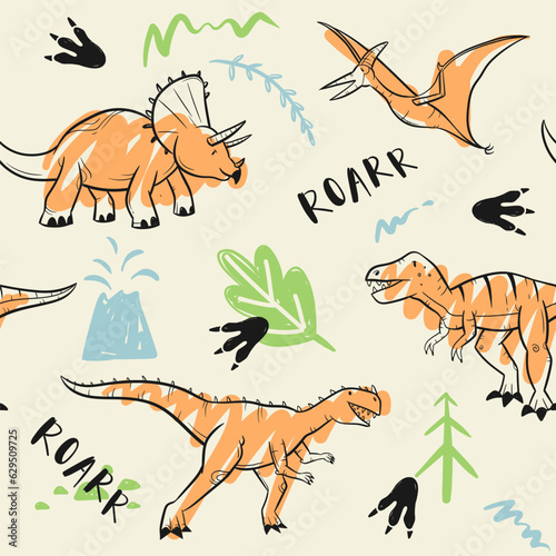 childish dinosaur seamless pattern for fashion clothes, fabric, t shirts. hand drawn vector with lettering.