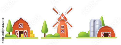 3D farm barn vector icon, mill house front view, red silo cartoon agriculture building exterior. Rural wooden stable construction, ranch village barnyard granary storage tower clipart. Farm barn door