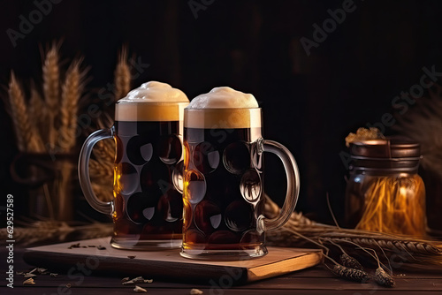 Dark beer pints on vintage table - close-up