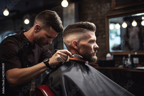 from behind the skilled barbershop stylist in action, expertly crafting a modern fade haircut for a client, with hair clippings gently falling around them in a bokeh-laden ambiance Generative AI