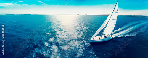 Regatta of sailing ships with white sails on the high seas. Aerial view of a sailboat in a windy state. 