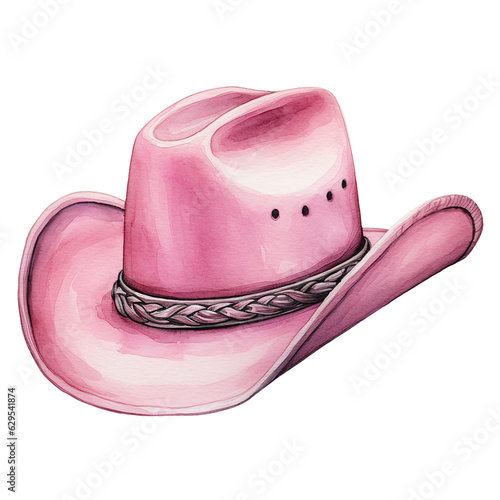 pink cowgirl hat watercolor clipart, western rodeo pink cap