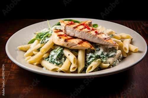 Grilled Chicken Florentine with Basil Parmesan Sauce and Penne Pasta. Generative AI