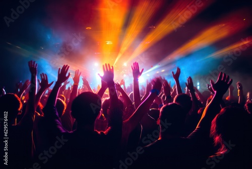 Stage lights' embrace: silhouetted crowd immerses in the festival's musical euphoria hands up.