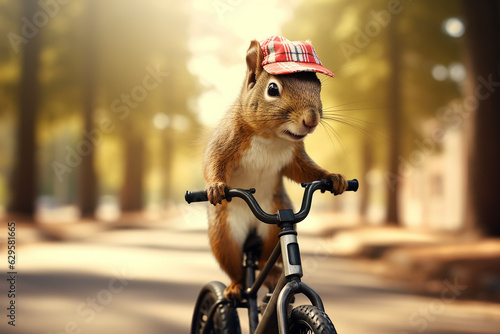 Funny squirrel in a cap riding a bicycle. Generative AI