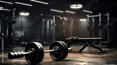 A dark gym interior adorned with black dumbbells.