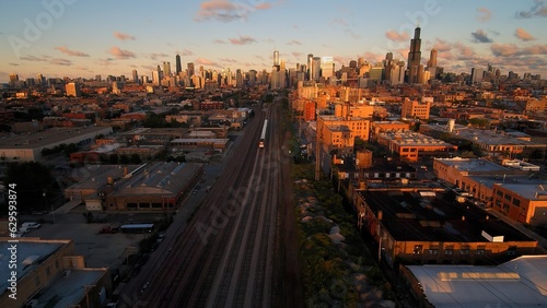 Chicago Metra Train in Fulton Market Drone Shot